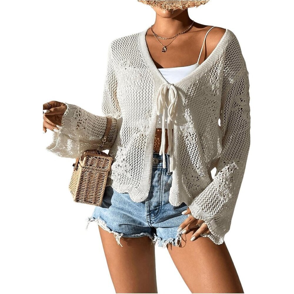 Women's Crochet Cardigan Lightweight Long Sleeve Tie Front Boho Beach Cover Up